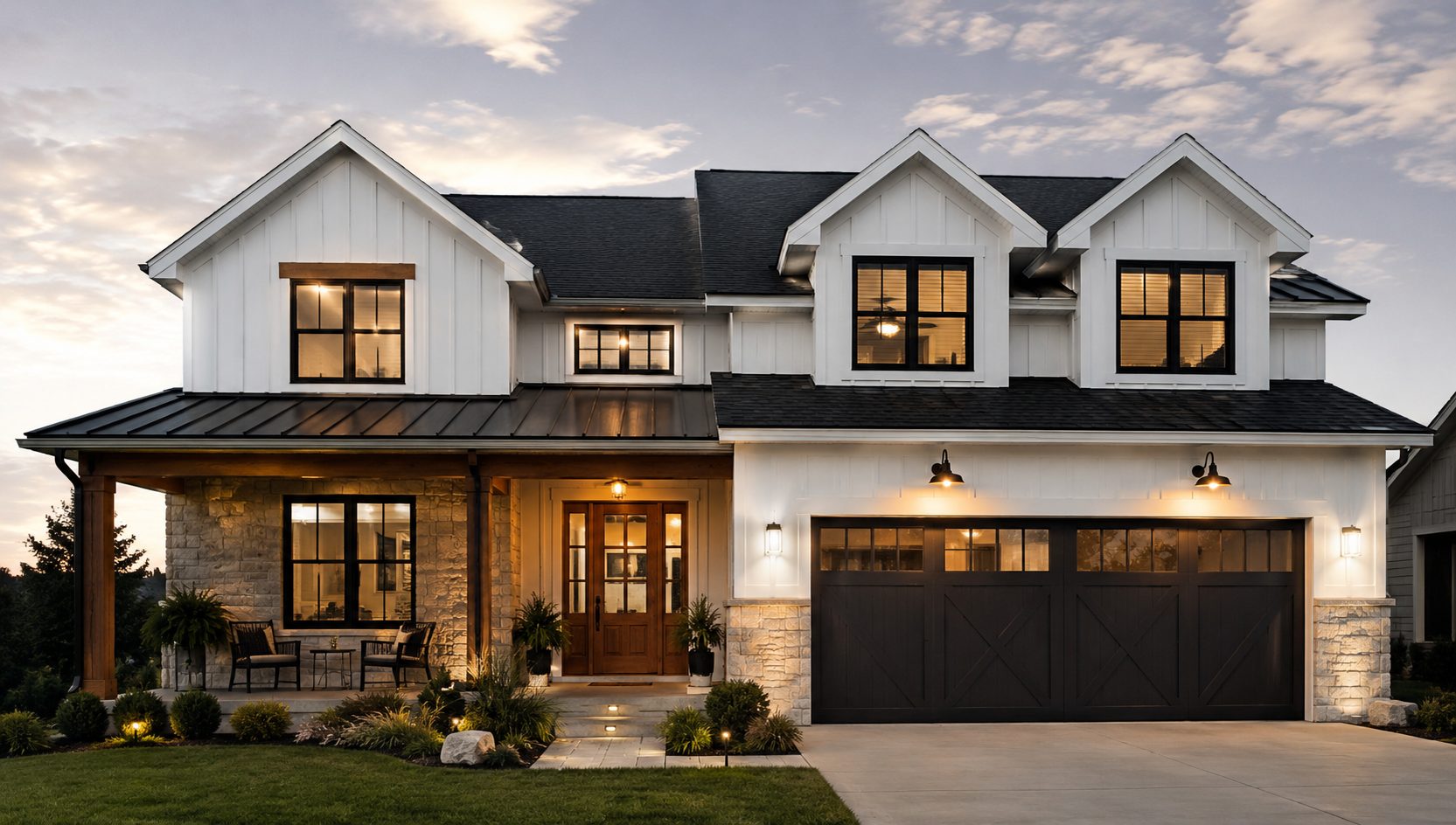 Modern farmhouse exterior with front entry door