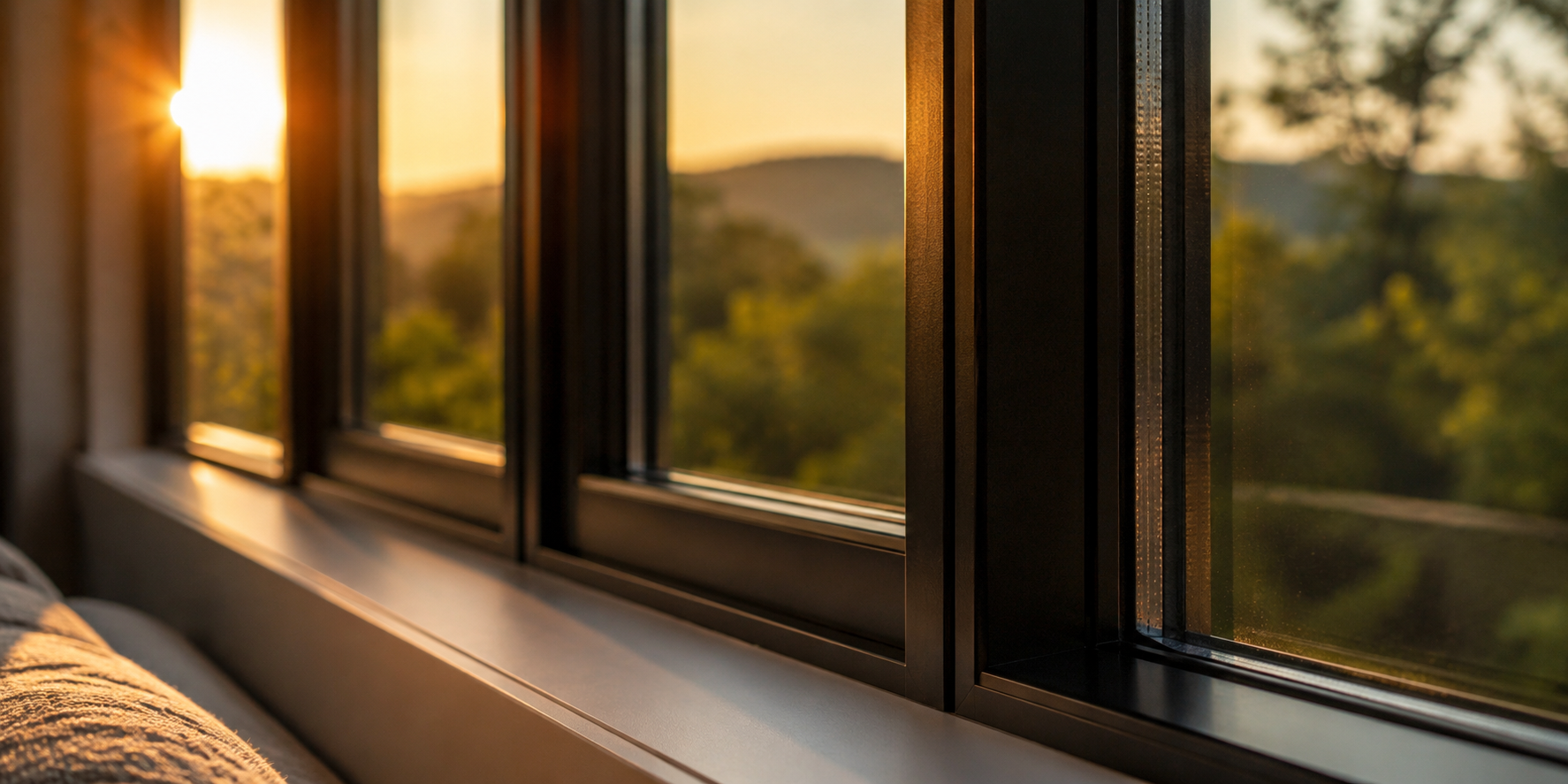 Interior view of black-frame windows at sunset