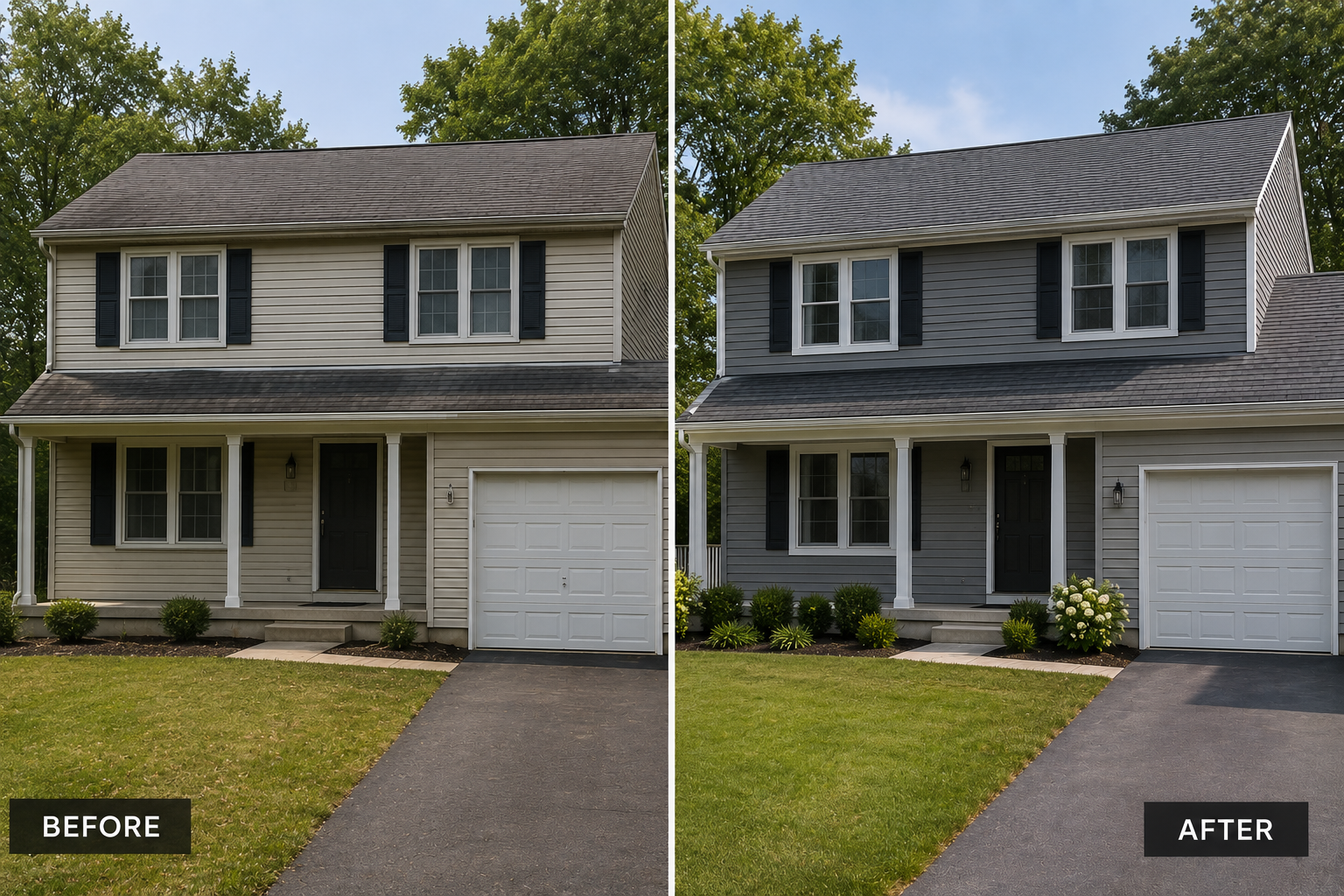 Home exterior siding replacement, before and after