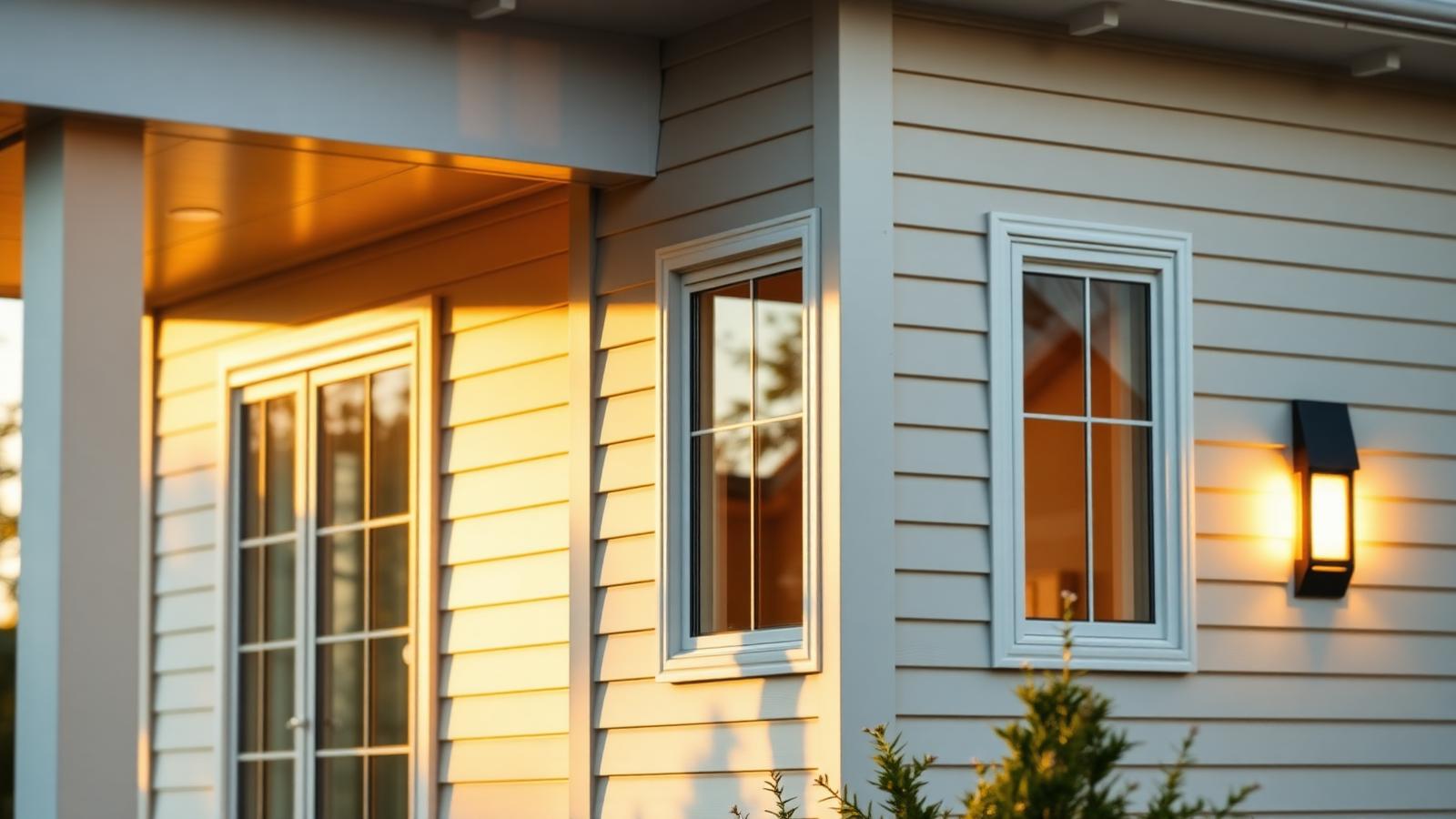 Sunlit home exterior with siding, entry door, and windows in soft golden-hour light